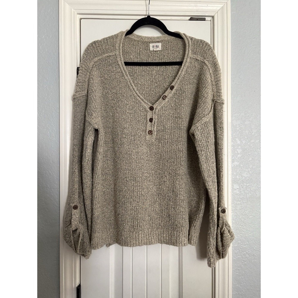 Boutique BiBi‎ Oatmeal Henley Sweater XL Cozy Knit Oversized Cottagecore Boho